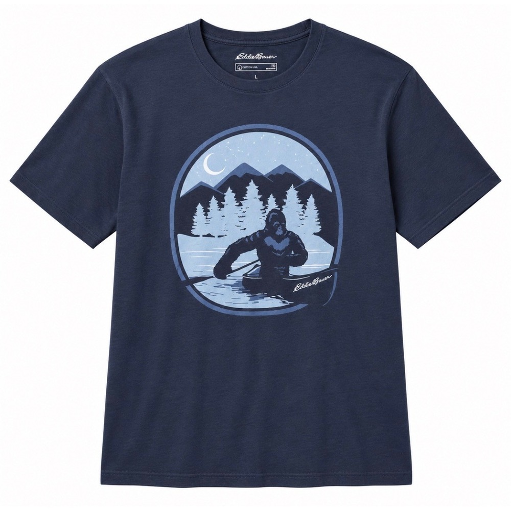 Eddie Bauer Graphic T-Shirt Mens TXL Navy Blue Bigfoot Canoe Mountain